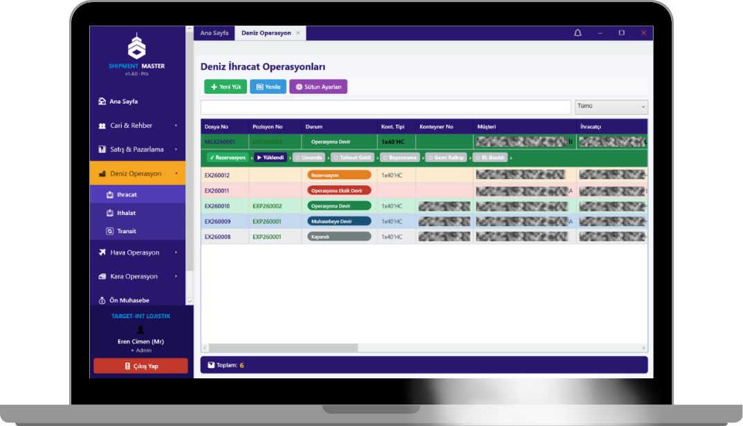 Shipment Master — Deniz İhracat Operasyonları ekranı